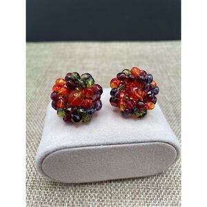 Vintage Joan Rivers Beaded Round Gold Tone Pierced Earrings Fall Colors Pretty